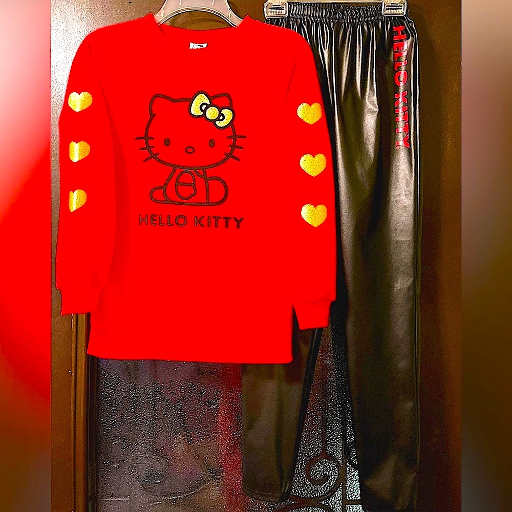 Sanrio Hello Kitty ❣️ 2pc Girls HK Red Gold Black Glitter Sweater Shirt Pant Set